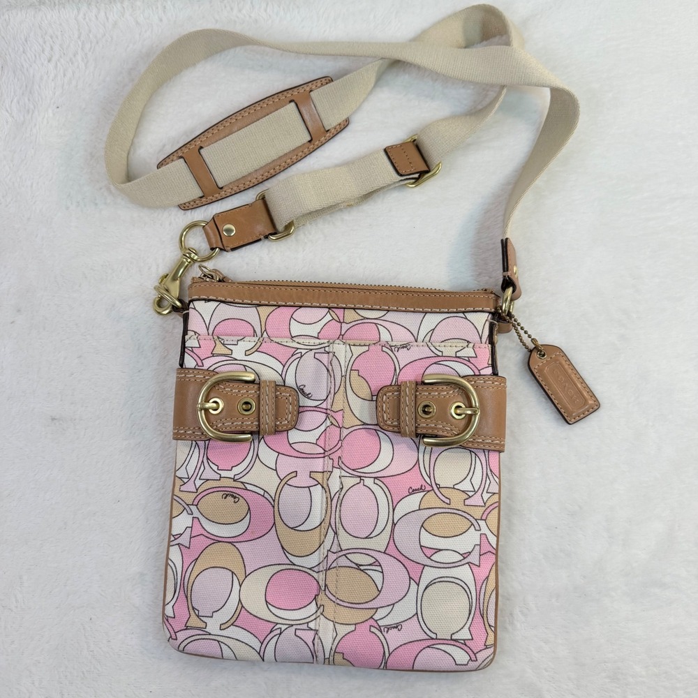 Vintage Rare Coach Signature Pink Tan Canvas Leather Crossbody Bag M0768-41309